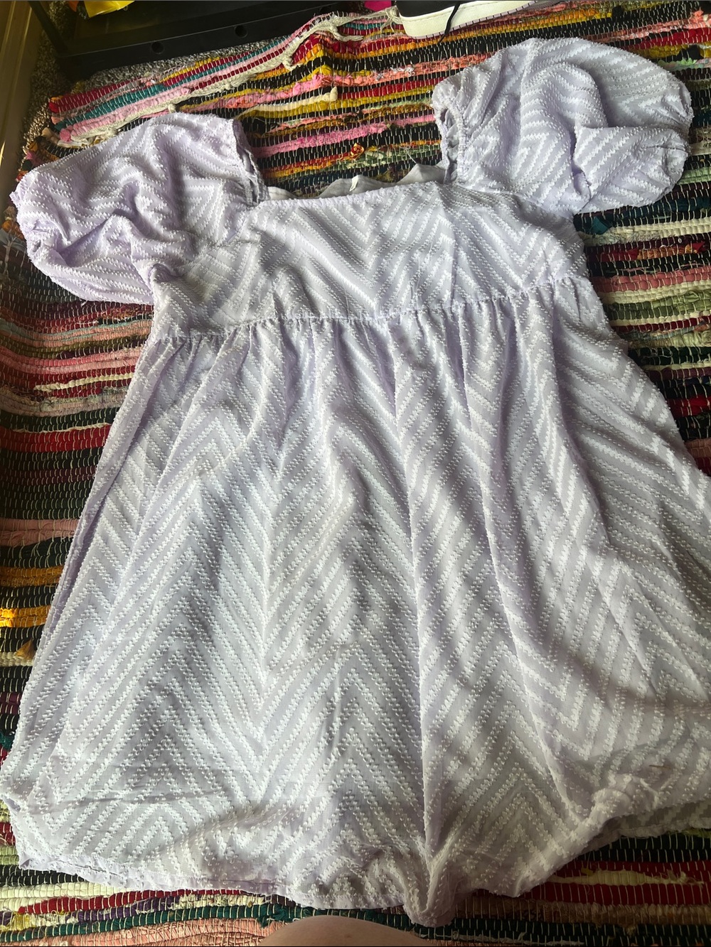Women's XL Lavender Chevron Smocked Square Neck Puff Sleeve Mini Dress